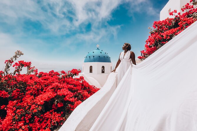 Exclusive Santorini Flying Dress Photoshoot with Pickup - Pickup in a Mercedes van or Range Rover