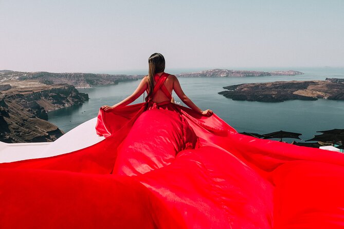 Exclusive Santorini Flying Dress Photoshoot with Pickup - Posing, dress movement, and the human touch