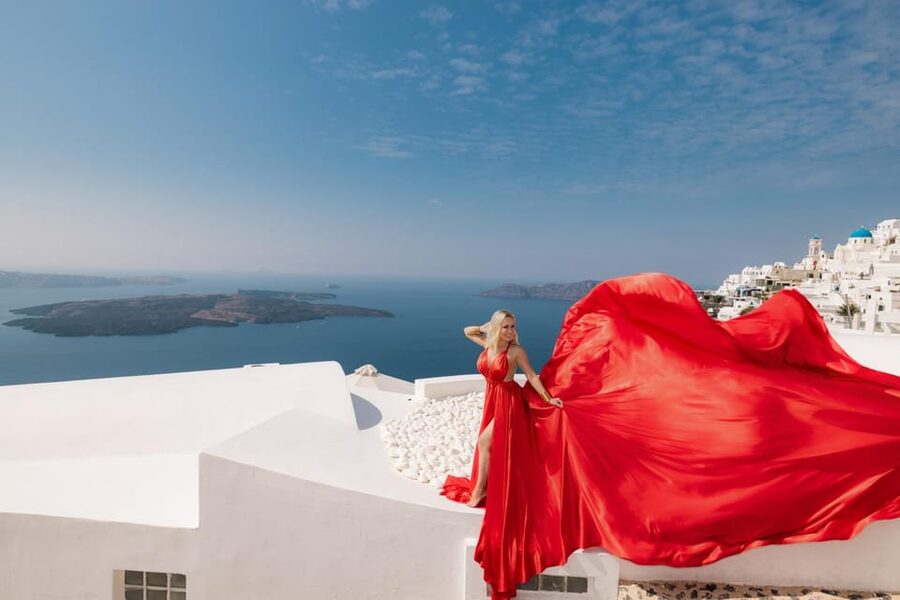 Flying dress Photoshoot in Santorini with Hotel Pickup - Imerovigli gives you the classic Santorini picture
