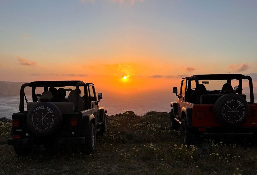 From Fira: Santorini Wrangler Jeep Convoy Tour & Villages - Akrotiri, Kaminia Beach, and the caldera view