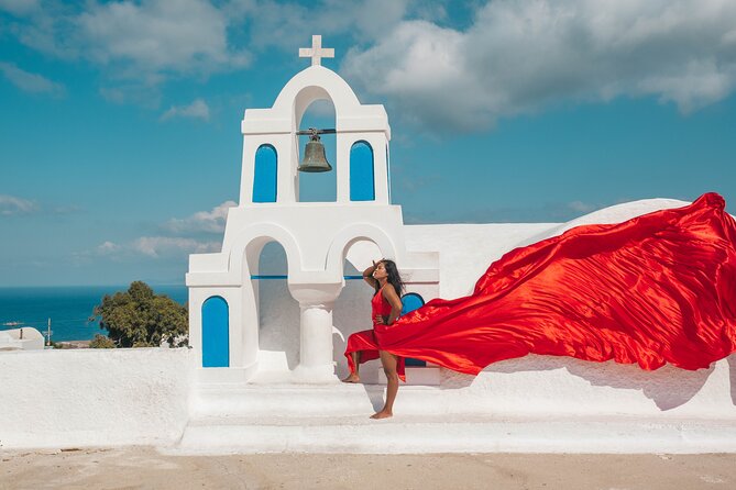 Oia Flying Dress Photoshoot Santorini - Sunlight, wind, and weather shape the result