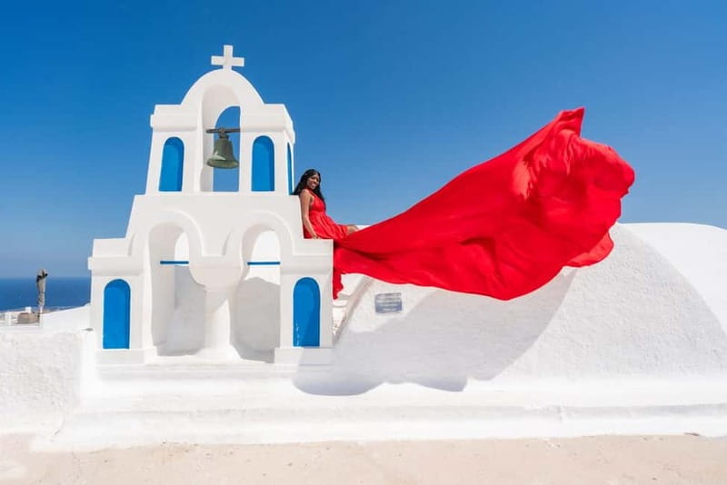 Oia: Santorini Photoshoot with Flying Dress Rental Option - Choosing a Flyoia dress in 15 colors