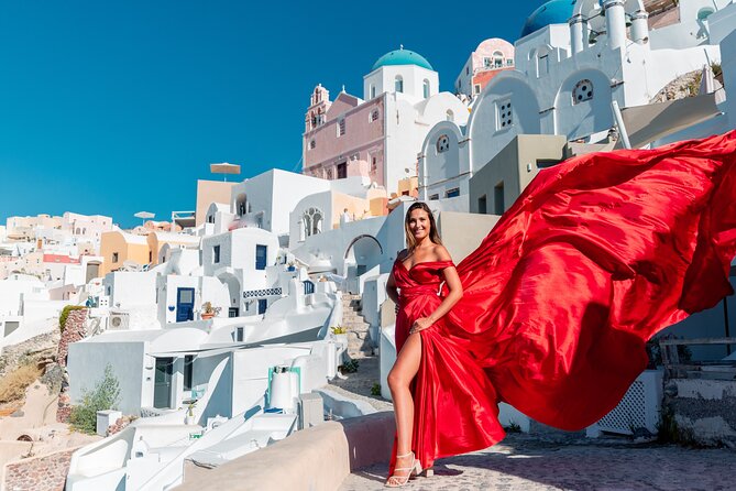 Photoshoot in Flying Dresses in Santorini - The dress, changing tent, and assistant