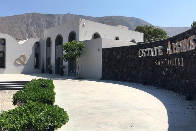 Santorini 3-Winery Tour with 12 Wine Tastings and Oia Sunset - Estate Argyros and four glasses with a view