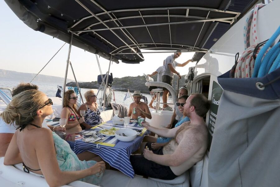 Santorini: 7-Hour Private Catamaran Cruise with Food & Drink - Passing Imerovigli and Firostefani