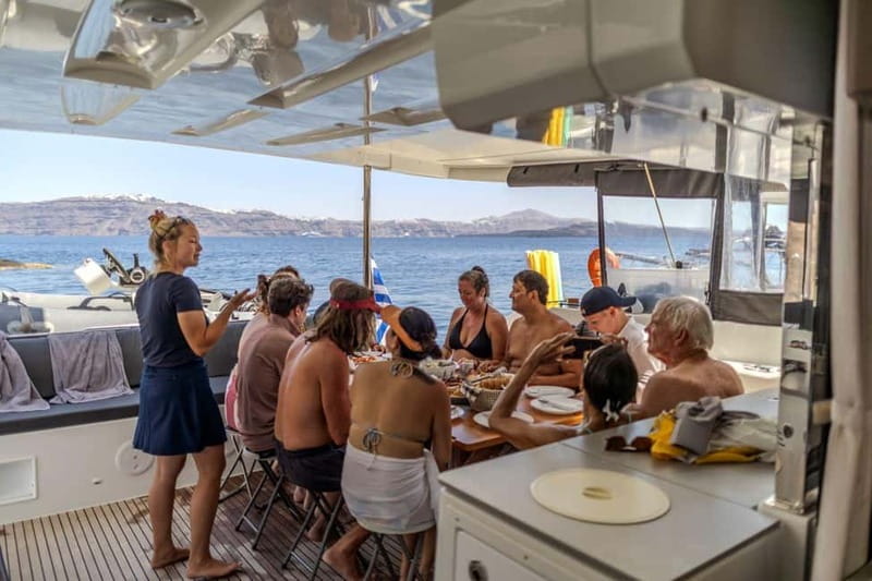 Santorini: Catamaran Cruise with Fresh Meal & Open Bar - A Greek meal with wine, beer, and soft drinks