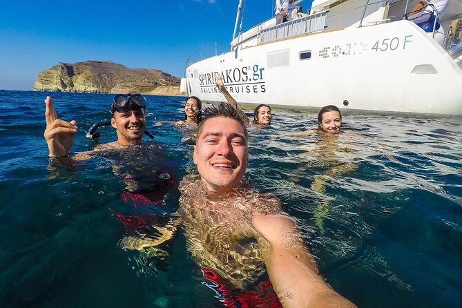 Santorini Classic Catamaran Cruise with BBQ, Drinks and Transfers - Mesa Pigadia gives you the first real swim