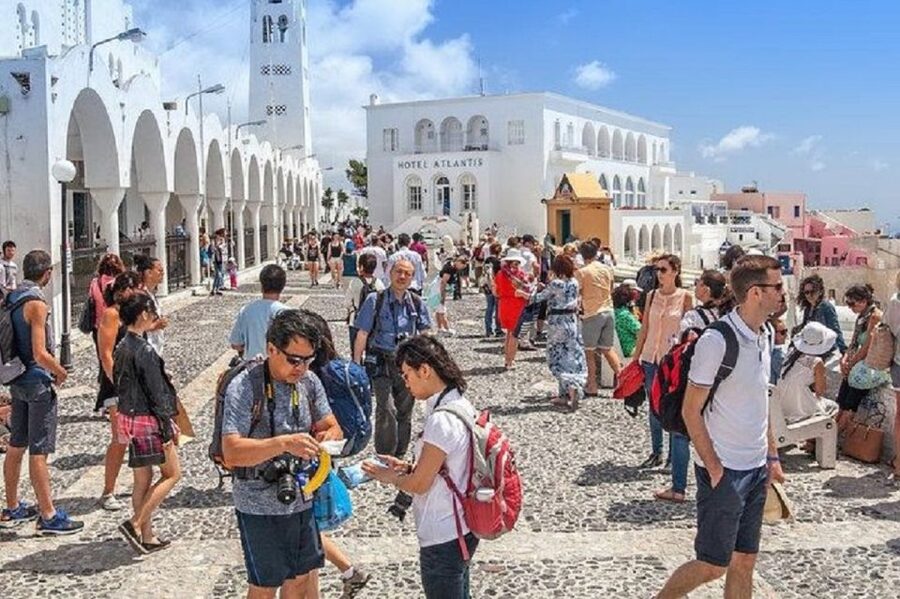 Santorini: Fira Town Walking Tour with Wine Tasting - Walking to the blue dome in Firostefani