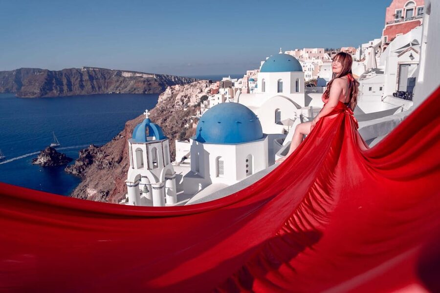 Santorini: Flying Dress Photoshoot Private Entry to Blue Dom - Habibi’s direction and the assistant’s timing
