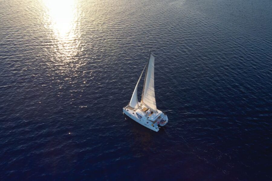Santorini: Platinum Catamaran Cruise w/ BBQ Meal & Open Bar - Mesa Pigadia, Akrotiri, and the caldera