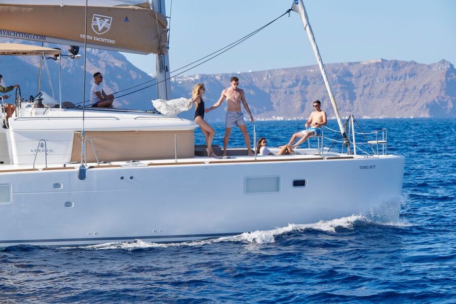 Santorini: Platinum Catamaran Cruise w/ BBQ Meal & Open Bar - Thirasia, the meal, and the main swimming break