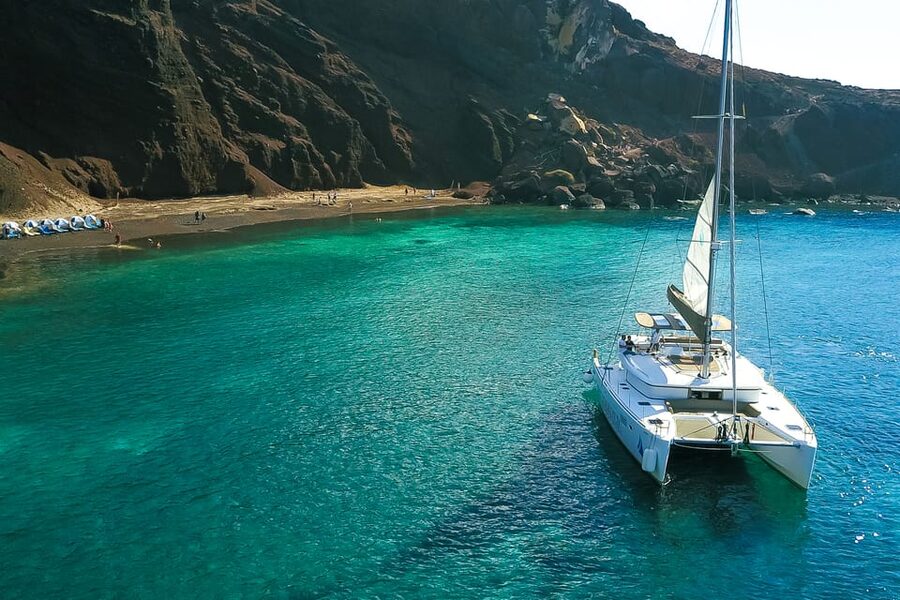 Santorini: Private Catamaran Tour with BBQ Meal and Drinks - Lunch beside the volcano