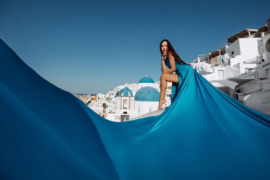 Santorini: Private Flying Dress Photoshoot Experience - Santorini locations, from famous views to quieter settings