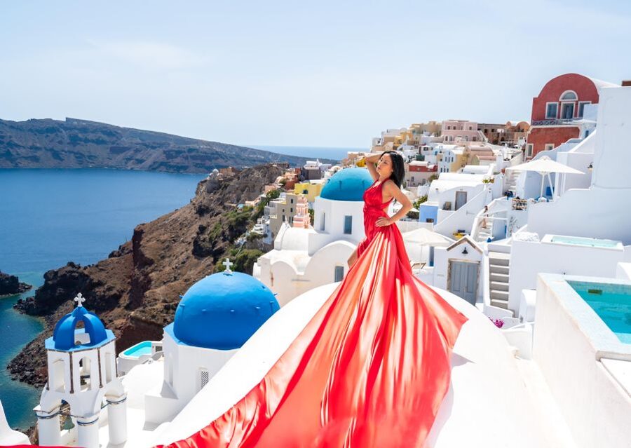 Santorini: Private Flying Dress Photoshoot with Pickup - Firostefani: a different angle on the caldera