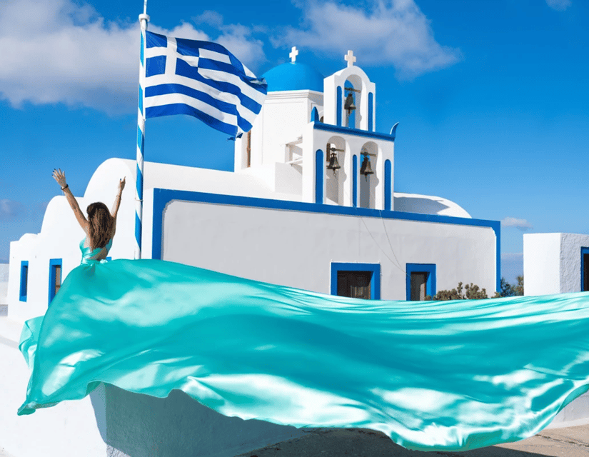 Santorini: Private Flying Dress Photoshoot with Pickup - Imerovigli: high views and a quieter finish