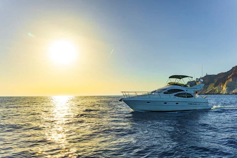 Santorini: Private Yacht Experience of Timeless Elegance - Sunset from the flybridge, with one important warning