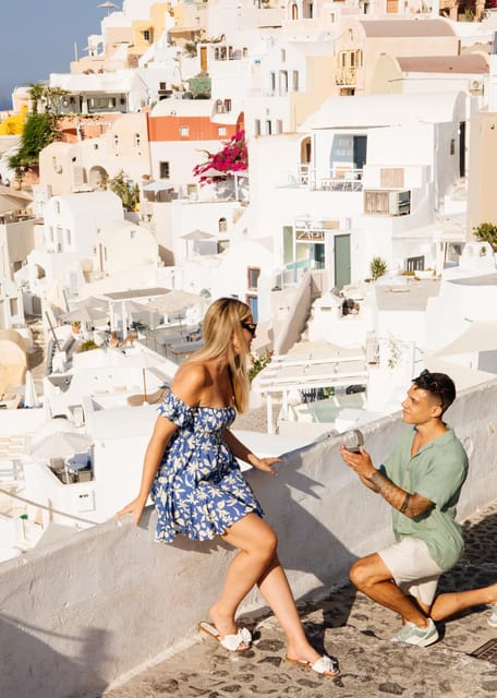 Santorini Proposal: A Luxury Photoshoot for Your Yes! Moment - After the yes, relaxed portraits around Oia