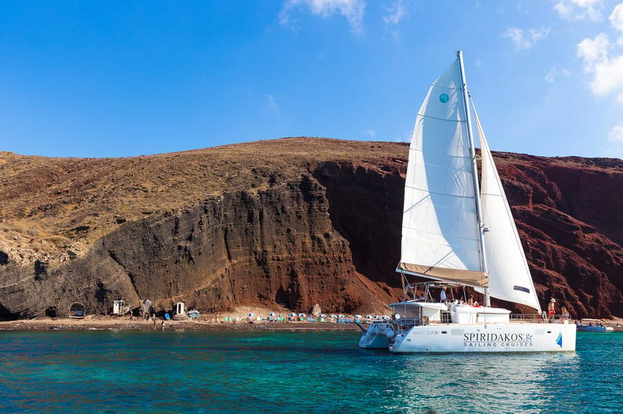 Santorini: Sailing Catamaran Cruise with BBQ and Drinks - Mesa Pigadia, caves, and the first long swim