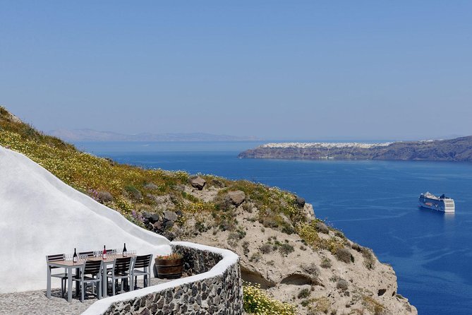 Santorini Wine Tasting and Sunset Getaway Small Group Tour - Venetsanos Winery: cliff views with the final four wines